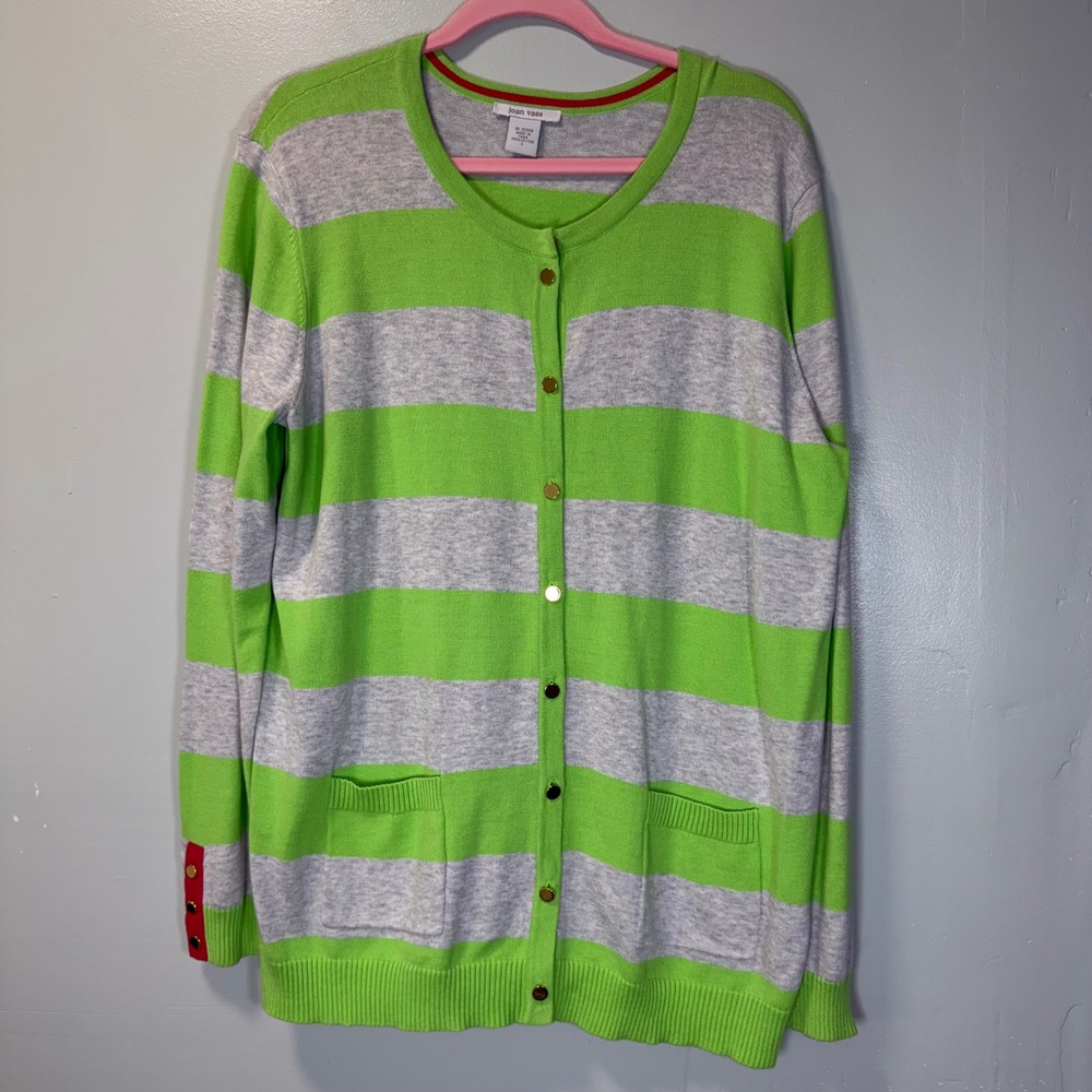 Joan Vass Womens Green Gray Striped Cotton Cardigan Sweater Gold Buttons Size 3